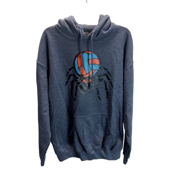 Gildan Heavy Blend Spider Volleyball Graphic Hoodie Blue Gray M Oversized Casual - Picture 1 of 10